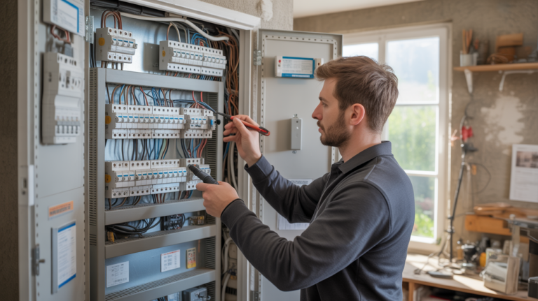 Électricien vérifiant un tableau électrique domestique ouvert avec câblage ordonné et disjoncteurs étiquetés dans une maison réelle.