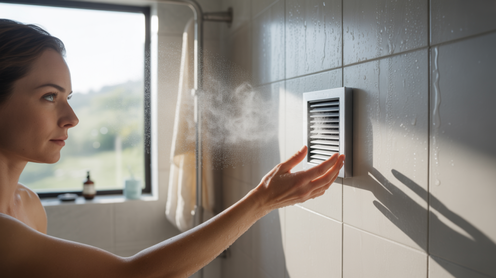 Scène réaliste d'une salle de bain humide montrant une bouche d'extraction hygroréglable en fonctionnement, avec condensation, lumière naturelle et détails authentiques.