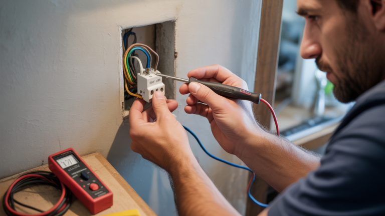 Électricien réalisant le branchement réaliste d’un interrupteur mural dans une maison, avec fils apparents et outils authentiques.
