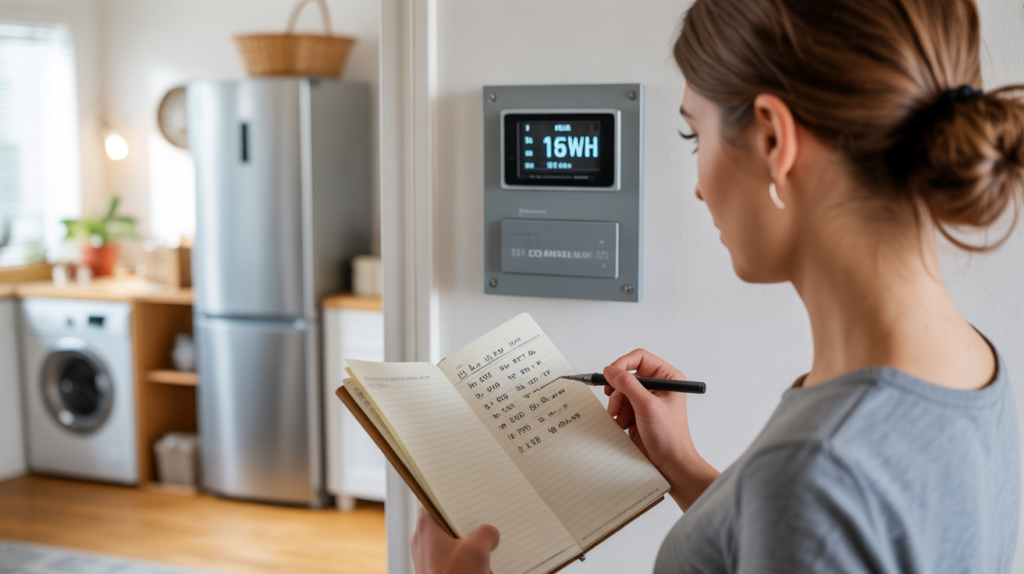 Personne calculant sa consommation électrique dans un salon réaliste avec un compteur intelligent et des appareils ménagers.