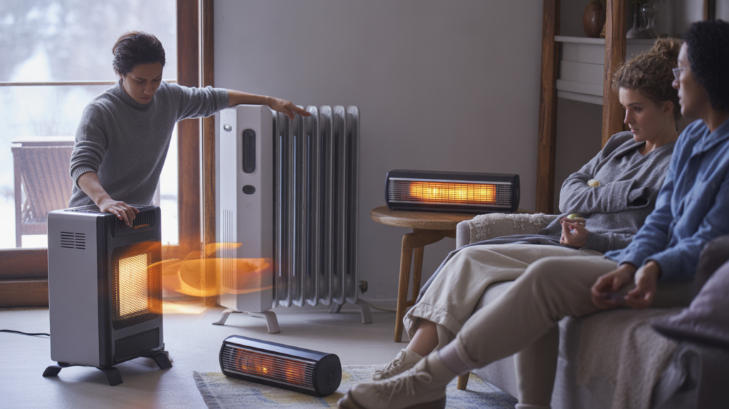Scène réaliste d’un salon en hiver avec plusieurs chauffages d’appoint utilisés naturellement par des personnes dans un intérieur chaleureux et authentique.