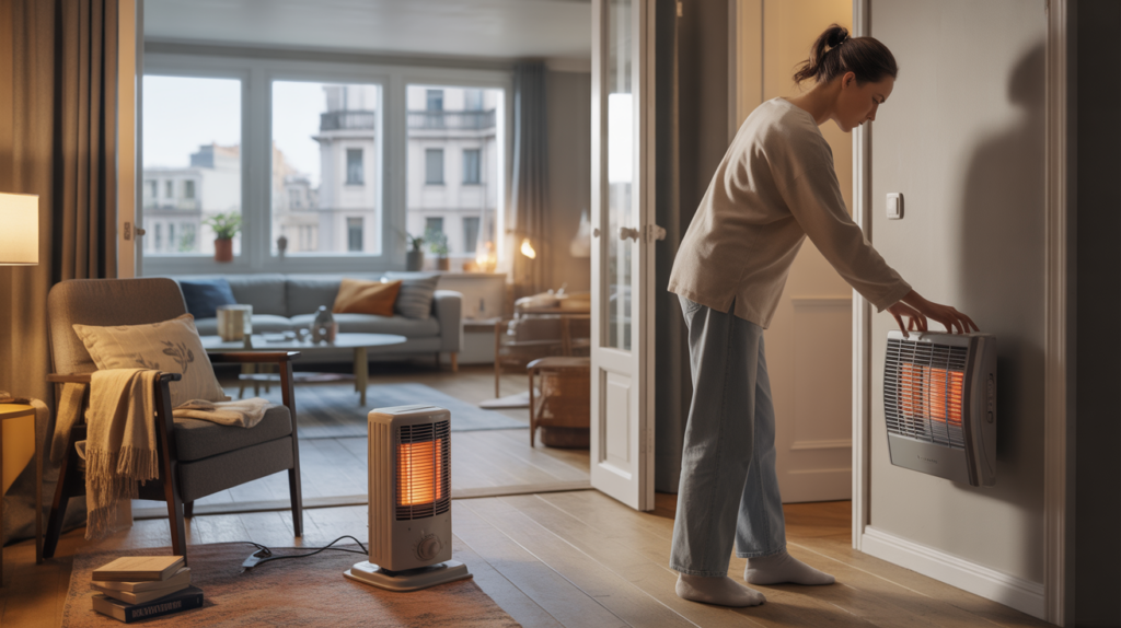 Scène réaliste d’un appartement utilisant différents chauffages d’appoint selon les besoins de chaque espace.