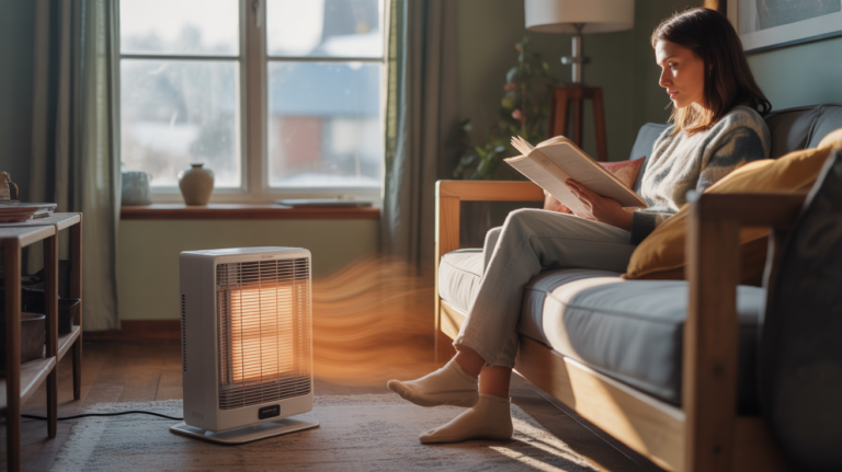 Scène réaliste d’un salon moderne et chaleureux avec un chauffage céramique soufflant en fonctionnement, éclairage naturel et ambiance hivernale authentique.