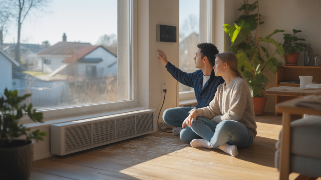 Salon réaliste et lumineux avec un couple réglant un chauffage électrique moderne près d’une grande fenêtre montrant un quartier réel en hiver.