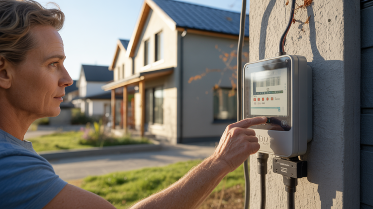 Scène réaliste d’un particulier consultant un compteur électrique sur la façade d’une maison moderne dans un quartier réel.