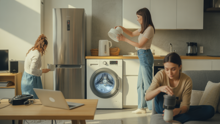 Scène domestique réaliste montrant divers appareils électriques en fonctionnement dans un intérieur moderne et authentique.