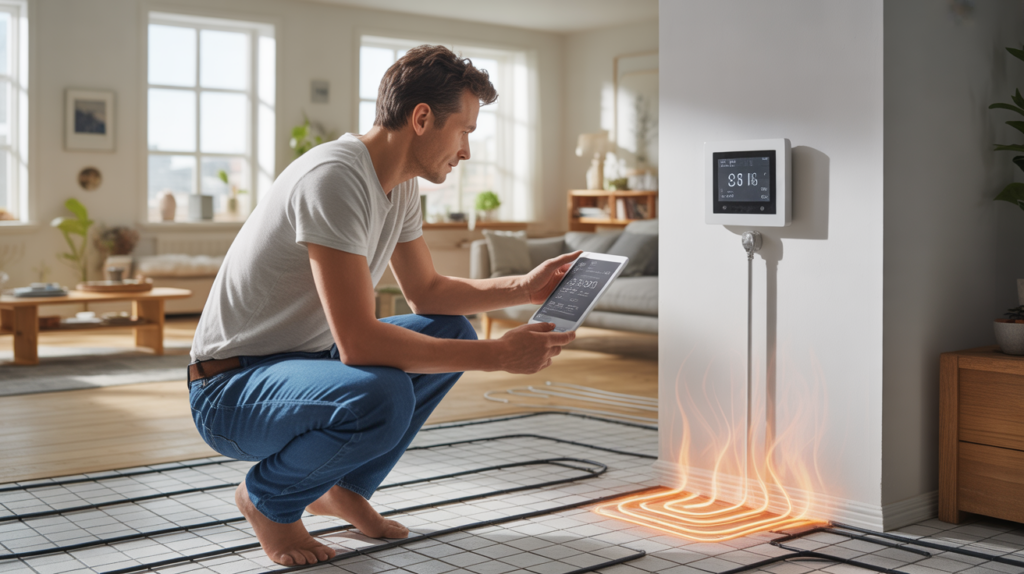 Scène réaliste montrant un propriétaire vérifiant la consommation d’un plancher chauffant électrique dans un salon moderne lumineux.