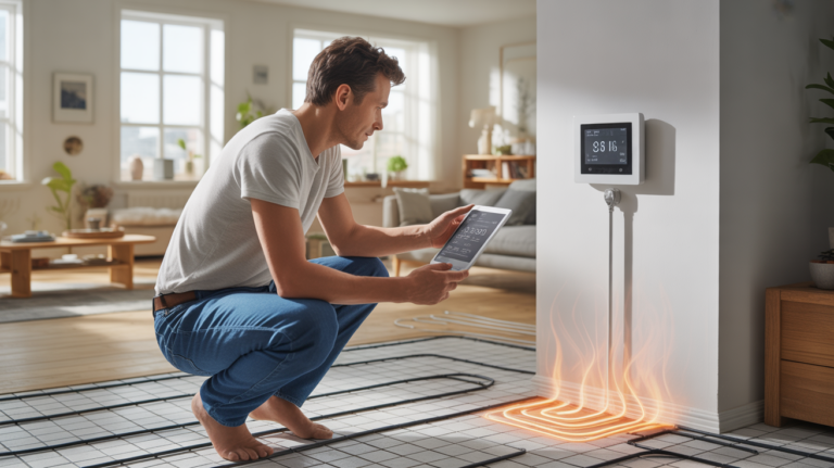 Scène réaliste montrant un propriétaire vérifiant la consommation d’un plancher chauffant électrique dans un salon moderne lumineux.