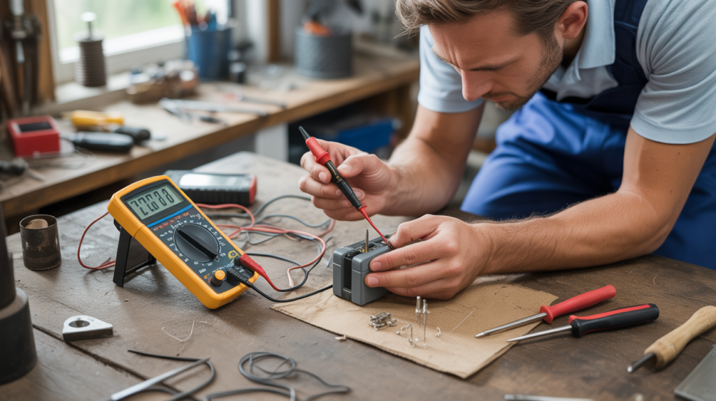 Débutant utilisant un multimètre sur un établi de bricolage réaliste avec outils et éclairage naturel.