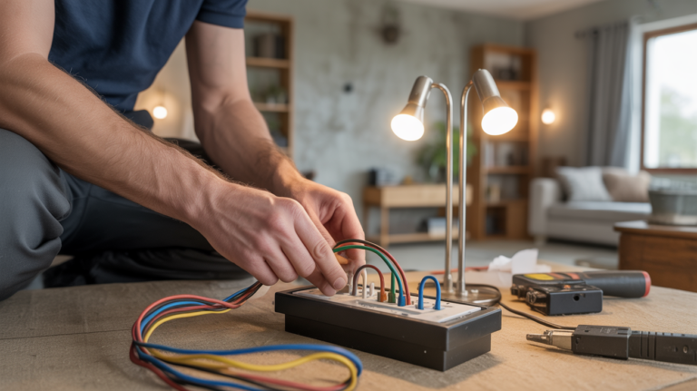 Scène réaliste montrant un électricien raccordant un double interrupteur pour commander deux lampes dans une maison.