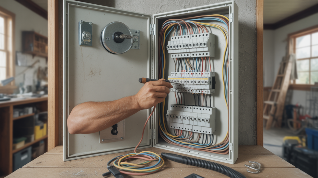Scène réaliste d’un électricien câblant un tableau électrique ouvert dans une maison, avec outils et détails authentiques.