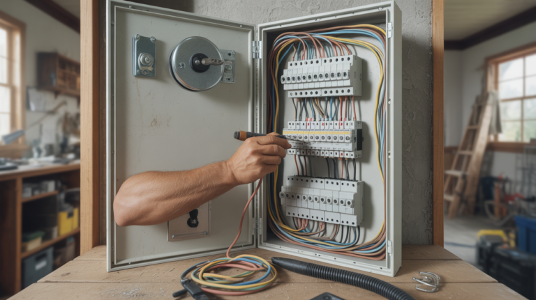 Scène réaliste d’un électricien câblant un tableau électrique ouvert dans une maison, avec outils et détails authentiques.