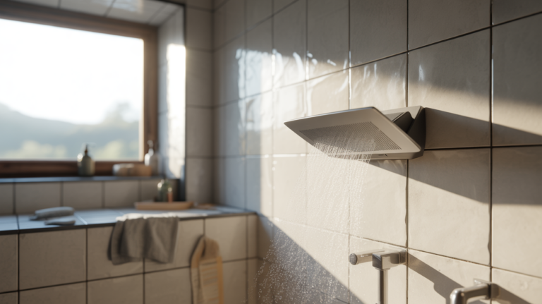 Salle de bain moderne et réaliste avec un extracteur silencieux discret en fonctionnement, éclairée par une lumière naturelle et présentant des détails authentiques.