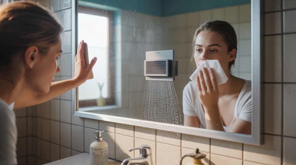 Salle de bain réaliste avec condensation légère et un extracteur hygroréglable en fonctionnement.