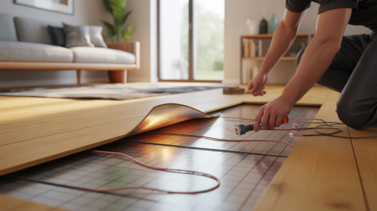 Scène réaliste montrant l'installation d'un film chauffant électrique sous un parquet en bois dans un salon lumineux et authentique.