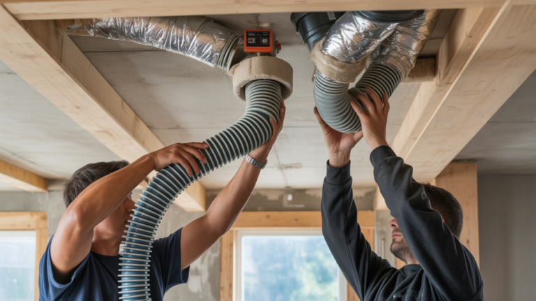 Technicien installant des gaines de VMC double flux de différents diamètres dans un plafond lors d’une rénovation.