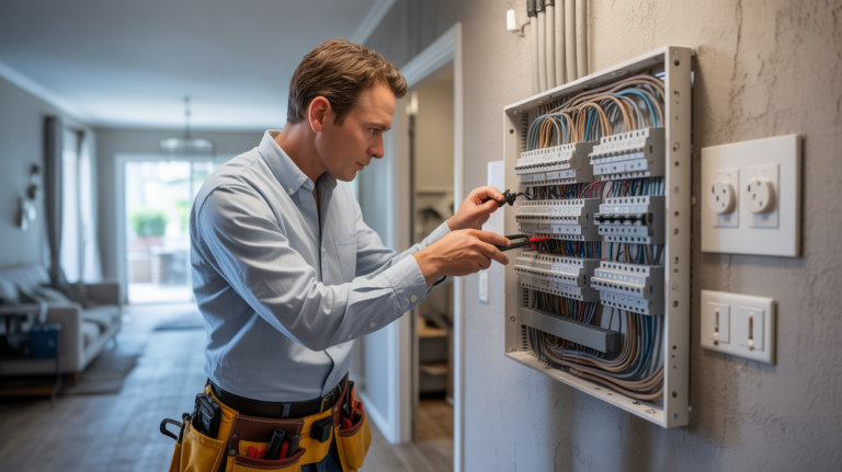 Électricien vérifiant un tableau électrique moderne dans une maison française avec un environnement réaliste et des détails authentiques.