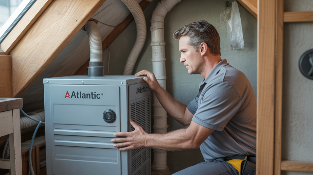 Technicien inspectant une VMC Atlantic installée dans une maison moderne avec un rendu réaliste et naturel.