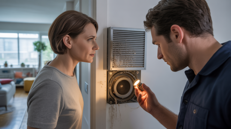 Appartement moderne avec un technicien inspectant une VMC bruyante tandis que le propriétaire écoute attentivement le bruit, scène réaliste et lumineuse.