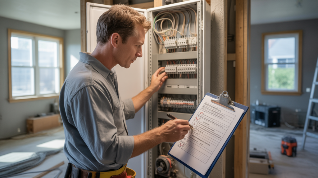 Scène réaliste d’un électricien inspectant un tableau électrique dans une maison en rénovation, baignée de lumière naturelle.