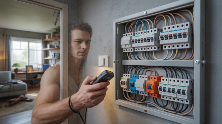 Électricien inspectant un tableau électrique domestique avec des disjoncteurs différentiels de type A et AC visibles dans une scène réaliste et naturelle.