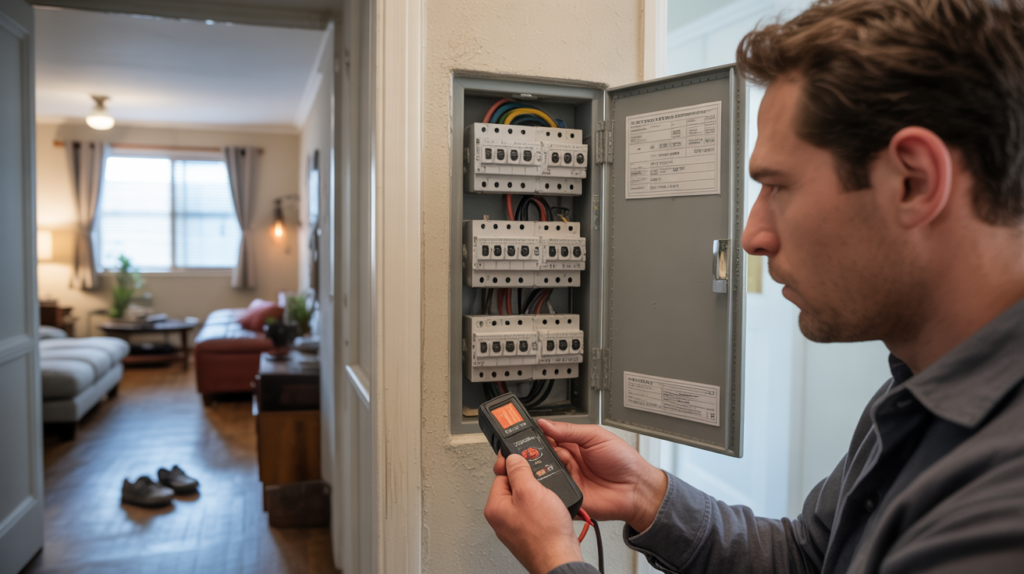Scène réaliste dans un petit appartement montrant un électricien inspectant un tableau électrique deux rangées ouvert, avec des détails naturels et un environnement authentique.