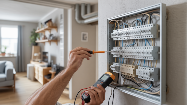 Scène réaliste d’un électricien inspectant un tableau électrique 4 rangées dans une maison moderne, avec un panneau ouvert et des détails de câblage authentiques.