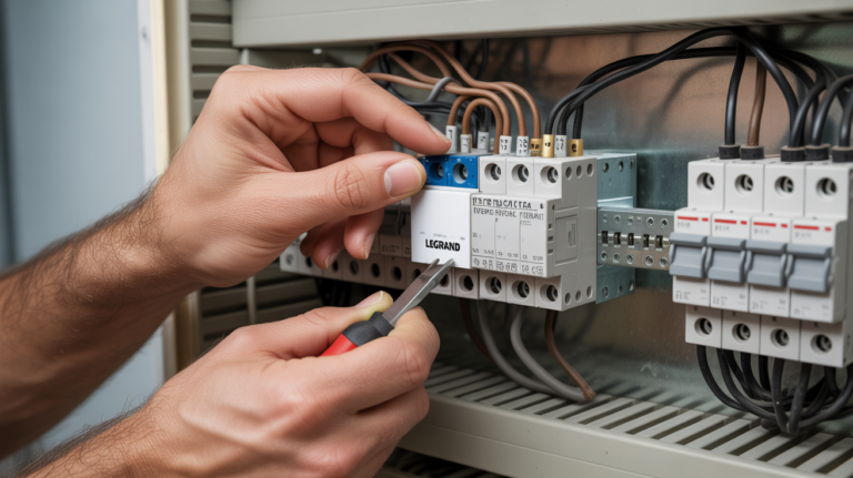 Électricien réalisant le branchement pas à pas d’un télérupteur Legrand dans un tableau électrique domestique, avec un rendu réaliste et des détails authentiques.