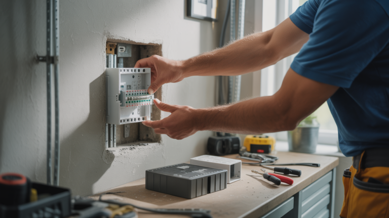 Électricien installant un bac encastrable dans un mur, avec plusieurs modèles posés sur un établi dans une pièce technique réaliste.