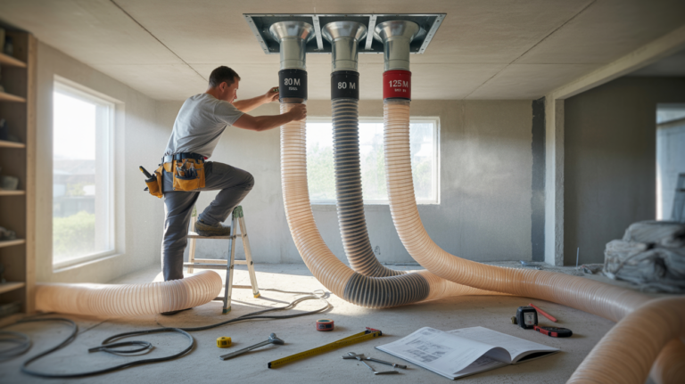 Technicien installant des gaines VMC de différents diamètres dans une maison en rénovation, avec outils et détails réalistes.