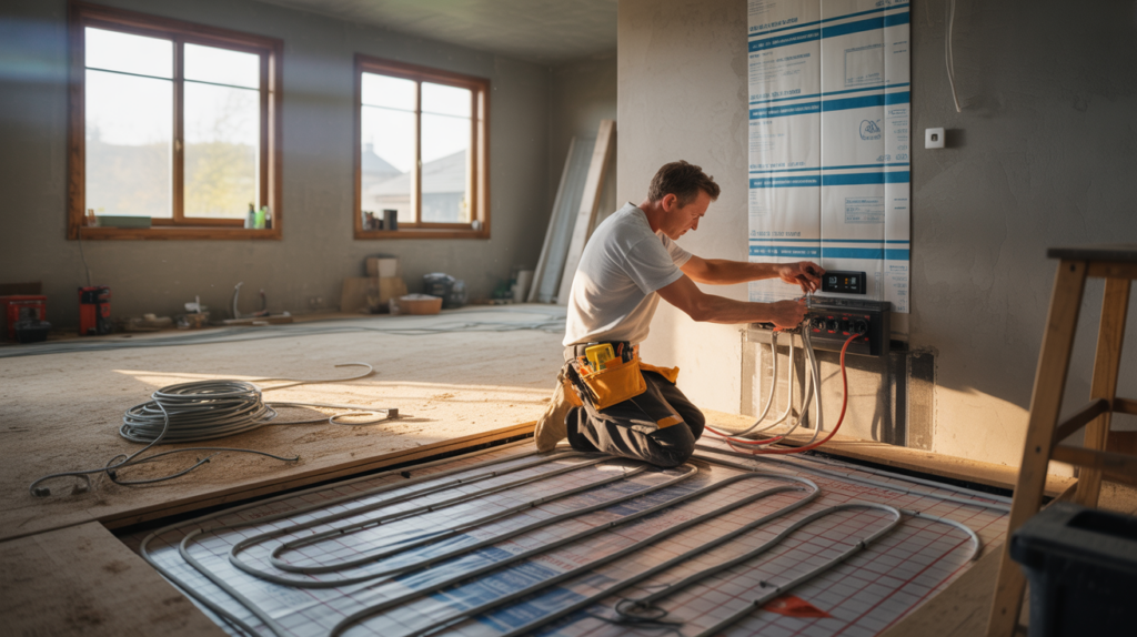 Électricien installant un plancher chauffant électrique dans une maison en rénovation, avec détails réalistes du sol ouvert et des câbles chauffants.