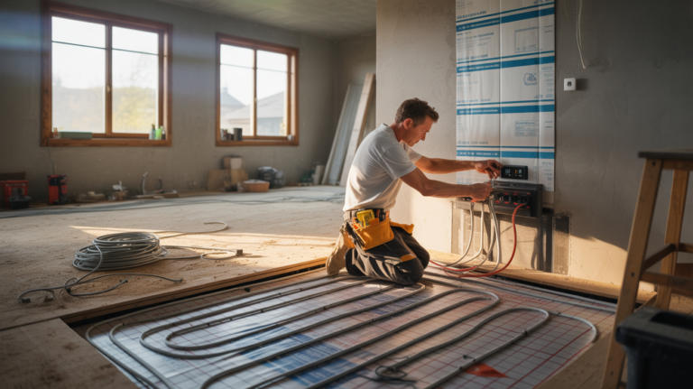 Électricien installant un plancher chauffant électrique dans une maison en rénovation, avec détails réalistes du sol ouvert et des câbles chauffants.