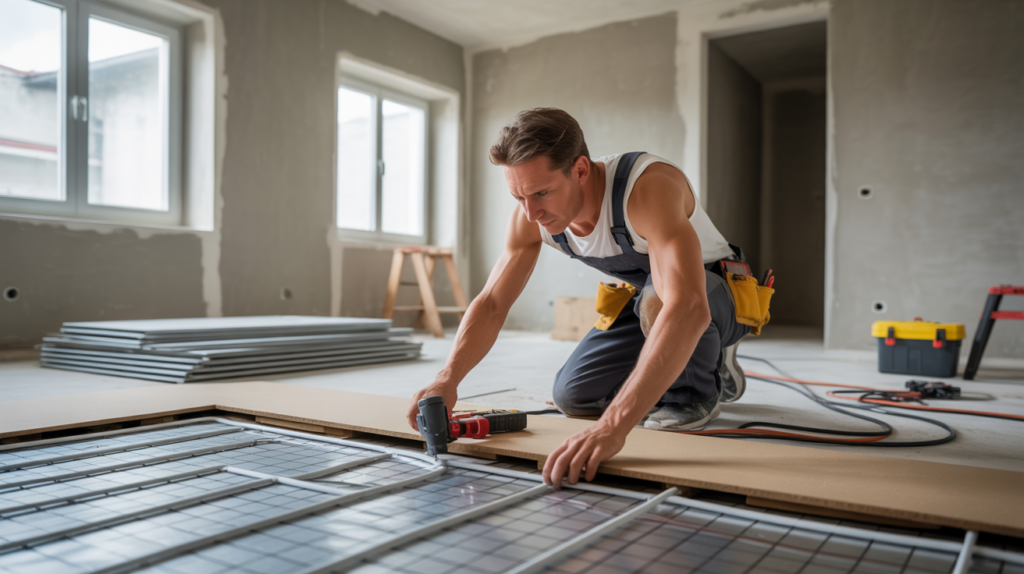 Scène réaliste d’un installateur posant un plancher chauffant électrique dans un salon en rénovation, avec détails naturels et outils visibles.