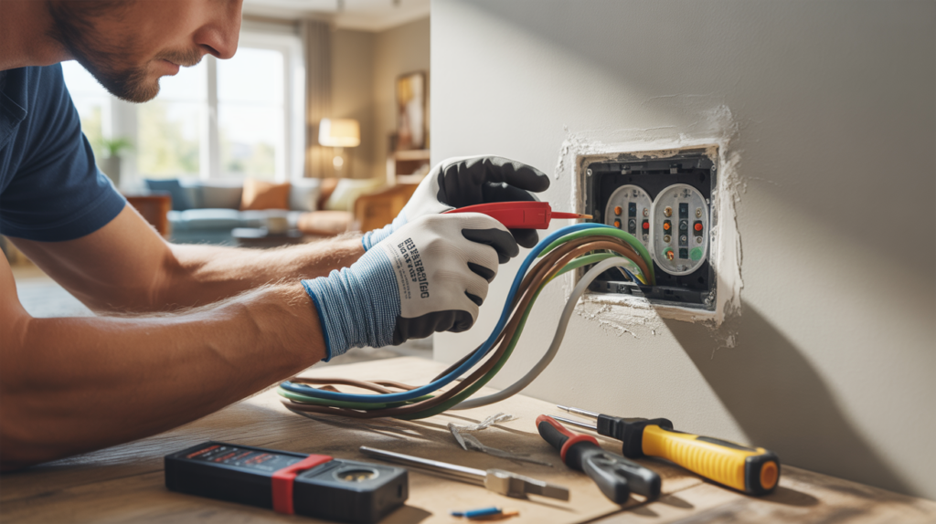 Électricien installant une prise murale avec des outils et câbles visibles, scène réaliste en lumière naturelle.