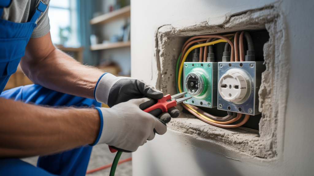 Scène réaliste d’un électricien installant une prise avec terre, montrant les fils et les outils dans un intérieur de maison authentique.