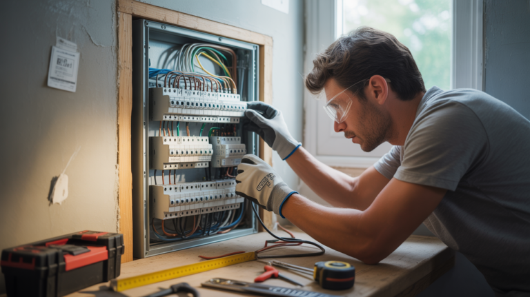 Personne installant un tableau électrique dans une maison, scène réaliste avec outils, câbles et environnement authentique.