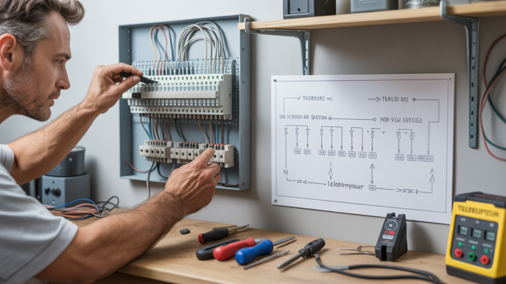 Électricien travaillant sur un tableau électrique réel avec un télérupteur et un schéma de câblage pour plusieurs points lumineux.