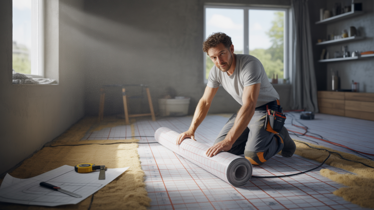 Technicien installant une trame chauffante électrique dans une maison en rénovation, avec un rendu réaliste et naturel.