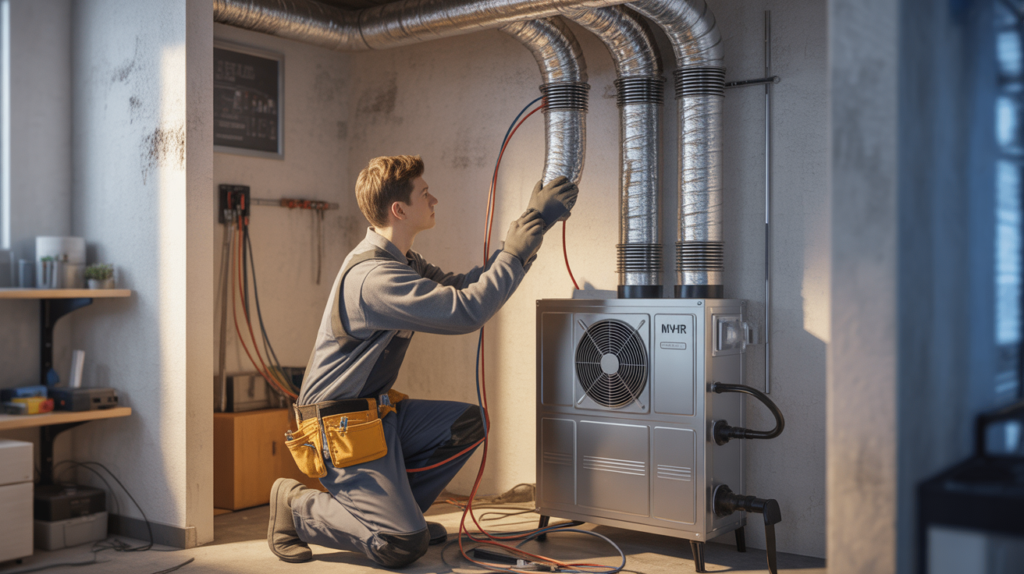 Technicien installant une VMC double flux dans une maison moderne avec détails réalistes des conduits et de l'environnement.