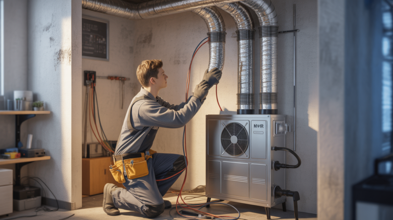 Technicien installant une VMC double flux dans une maison moderne avec détails réalistes des conduits et de l'environnement.