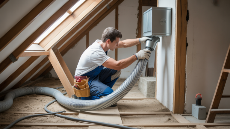 Technicien installant une VMC dans les combles d’une maison réelle avec outils et conduits visibles dans une scène authentique et naturelle.