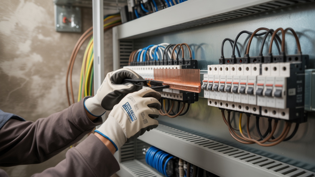 Gros plan réaliste d’un électricien installant un peigne électrique dans un tableau, montrant les détails authentiques des câbles et du matériel.