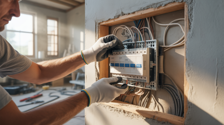 Électricien installant un tableau électrique encastrable dans un mur de maison, avec câbles visibles, outils et détails réalistes d’un chantier authentique.