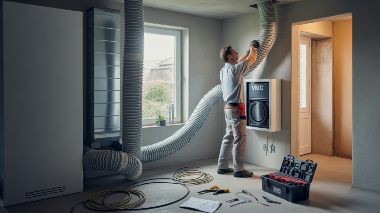 Technicien installant une VMC simple flux dans une maison moderne, scène réaliste et naturelle.
