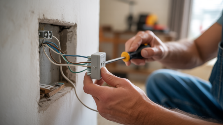 Scène réaliste montrant un électricien connectant les fils d’un interrupteur simple allumage dans une pièce de maison authentique.