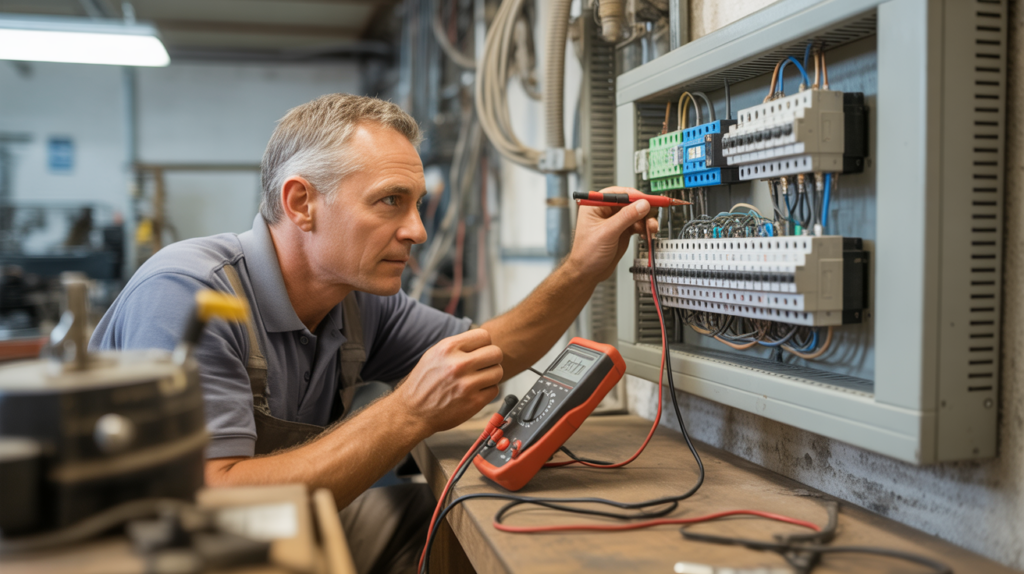 électricien mesurant une tension électrique dans un tableau moderne avec un multimètre dans un atelier industriel réaliste