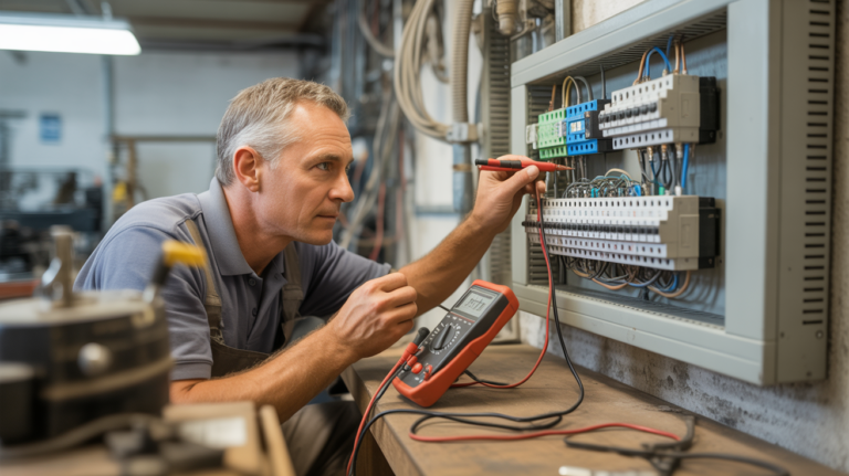 électricien mesurant une tension électrique dans un tableau moderne avec un multimètre dans un atelier industriel réaliste