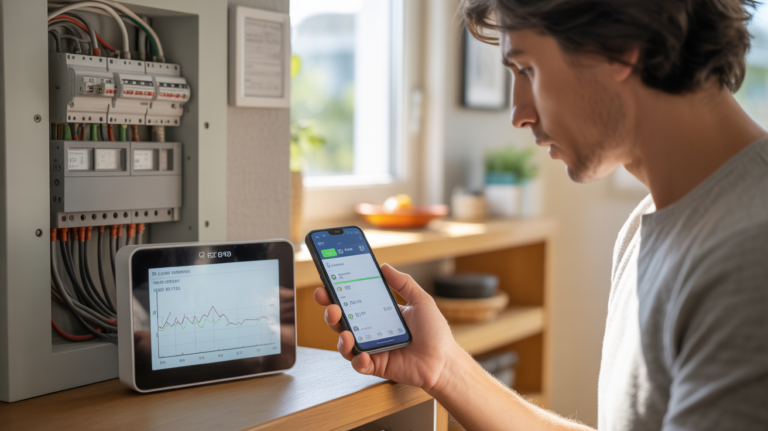 Scène réaliste dans une maison moderne où une personne consulte un moniteur d’énergie intelligent à côté d’un tableau électrique réel.