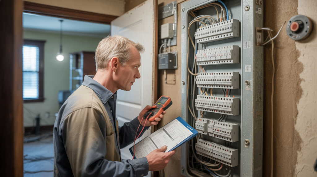 Electricien inspectant un tableau électrique ancien pour une mise aux normes, scène réaliste et détaillée dans une maison.