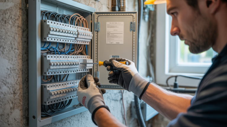 électricien réaliste connectant soigneusement des fils dans un tableau électrique moderne ouvert, avec outils, câbles colorés et environnement authentique